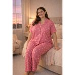 Nisanca Büyük Beden Kısa Kollu Milan Gömlek Pijama Takımı- Genç Anne Serisi - Pudra - 2XL