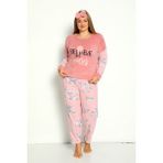Nisanca Büyük Beden Peluş Polar Pijama Takımı- Saç Bandı Hediyeli Pembe 2XL