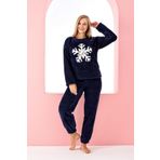 Nisanca Desenli Tam Peluş Kışlık Yılbaşı Lacivert Kadın Pijama Takımı