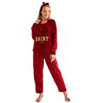 Nisanca Kışlık Peluş Polar Kadın Pijama Takımı- Saç Bandı Hediyeli Bordo S