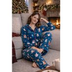 Nisanca Kışlık Yılbaşı Desenli Kadın Gömlek Polar Pijama Takımı- Geyikli Yılbaşı Pijaması- Büyük Beden Pijama