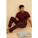 Nisanca Premium Pamuklu Kısa Kollu Erkek Pijama Takımı- Ekose Damat Pijama Takımı Bordo L