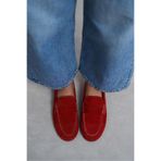 NİŞANTAŞI SHOES Jery Kırmızı Hakiki Süet Deri Yuvarlak Burun Düz Taban Kadın Penny Loafer Ayakkabı