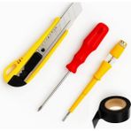Nisar Store 4’lü Profesyonel El Aletleri Seti – Dayanıklı Sarı Bıçağı (Kesici), Elektrikçi Kontrol Kalemi (Tester Kalem), Siyah Pvc Elektrik Bandı (Izole Bant) – Kablo Onarımı, Elektrik Tamiri, Kablo Düzenl - 001-Renkli - Option-1