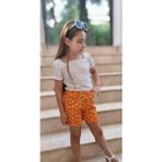 Nisay Boutique Kız Çocuk Puantiyeli Kemerli Şort ve Bluz Kombin - Lila ve Sarı - 6 Yaş