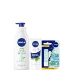 NIVEA Aloe Vera Vücut Losyonu, Normal/Kuru Ciltler için 400ml ve NIVEA Yatıştırıcı El Kremi, Aloe Vera, Jojoba Yağı,Kuru Ciltler için, Nemlendirici El Kremi 75ml ve NIVEA Aloe Vera Dudak Kremi 4,8gr