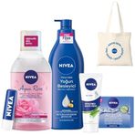 NIVEA Besleyici Vücut Sütü 400ml, Makyaj Temizleme Suyu 400ml, Yüz Kremi 50ml, El Kremi, Dudak Bakım Kremi, Çanta Hediye