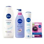 NIVEA Creme Soft Kremsi Dokunuş Duş Jeli 750 ml + Böğürtlen Dudak Bakım Kremi 4.8 gr + Değerli Yağlar İçeren Vücut Losyonu Kiraz Çiçeği & Jojoba Yağı, 400 ml + Sprey Deodorant Fresh Natural 150 ml