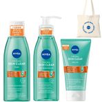 NIVEA Derma Skin Clear Sivilce Karşıtı Yüz Temizleme Jeli 150ml, Nemlendirici Tonik 200ml ve Peeling 150ml, Yağlı Cilt, Bez Çanta Hediyeli