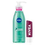 NIVEA Derma Skin Clear Sivilce Karşıtı Yüz Temizleme Jeli 150ml,Salisilik Asit,Nisaniamid ve Böğürtlen Dudak Bakım Kremi ve Parlatıcısı 4.8gr, Nemlendirici, Hafif Bordo Işıltı