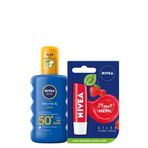 Nivea Güneş Koruyucu GKF50 200 ml Sprey + Nivea Çilek 4,8 g Dudak Bakım Kremi