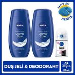 Nıvea Kadın Roll-On Deodorant Black&white Invisible Clear 25ML ve Creme Care Duş Jeli X2 Adet, Lif Hediye, 72 Saat Anti-Perspirant Ter Koruması, Avantajlı Paket - 500 ml