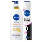 NIVEA Kadın Sprey Deodorant Black&White Invisible Clear 150 ml + NIVEA Q10 Sıkılaştırıcı Vücut Losyonu 400 ml