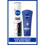 NIVEA Kadın Sprey Deodorant Black&White Invisible Clear150ml ve Yoğun Besleyici Nemlendirici El Kremi 75ml
