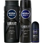 Nivea Men Deep Dimension Duş Jeli 500 ml + Sprey Deodorant 150 ml + Roll-On Deodorant 50 ml Aktif Karbon Kokusuyla 48 Saat Etkili Koruma