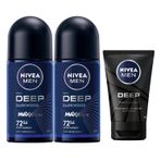 NIVEA Men Deep Dimension Yüz ve Sakal Temizleme Jeli, 100 ml, Aktif Karbon İçeriği ile Cildi Arındırır + NIVEA Men Erkek Roll On Deodorant Deep Dimension 72 Saat Anti-Perspirant Koruma (50 ml) X2