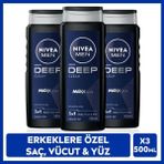 Nıvea MEN Erkek Deep Dimension Duş Jeli 500ml, 3ü1Arada Komple Bakım, Vücut Saç Yüz, Erkeksi Koku, X3Adet