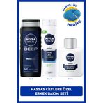 NIVEA MEN Erkek Deep Dimension Duş Jeli 500ml, Hassas Tıraş Jeli ve Tıraş Sonrası Balsam 100ml, Lif Hediye