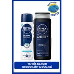 NIVEA MEN Erkek Deep Dimension Duş Jeli 500ml ve Sprey Deodorant Derma Control Defend 150ml, Lif Hediyeli