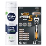 NIVEA MEN Erkek Hassas Tıraş Köpüğü 200 ml+ BIC Flex 5 Hybrid Tıraş Bıçağı Seti 1 Gövde + 10 Yedek Başlık 5 Bıçaklı Erkek Tıraş Bıçağı