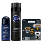 NIVEA MEN Erkek Roll On Deodorant Deep Dimension Darkwood 50ml + Tıraş Jeli Deep Dimension 200ml + BIC Hybrid 5 Flex 4'lü Yedek Tıraş Bıçağı Kartuşu (5 Bıçak)
