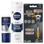 NIVEA MEN Erkek Roll-On Deodorant Derma Control Clinical 50 ml + Tıraş Köpüğü 200 ml + BIC Hybrid 5 Flex Erkek Tıraş Bıçağı 1 Sap ve 2 Yedek Başlık (5 Bıçak)