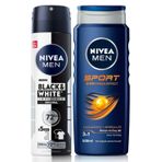 NIVEA MEN Erkek Sports Duş Jeli, 500 ml + NIVEA MEN Erkek Sprey Deodorant Black&White Invisible Original 150 ml