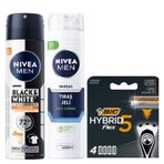 NIVEA Men Erkek Sprey Deodorant Black & White Invisible Güçlü Etki 72 Saat Anti-perspirant Koruma 150ml + Tıraş Jeli 200 ml + BIC Hybrid 5 Flex 4'lü Yedek Tıraş Bıçağı Kartuşu (5 Bıçak)