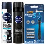 NIVEA MEN Erkek Sprey Deodorant Black&White Invisible Fresh 150 ml + Tıraş Jeli Deep Dimension 200ml + BIC Hybrid 3 Flex Erkek Tıraş Bıçağı 1 Sap ve 4 Yedek Başlık (3 Bıçak)