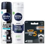 NIVEA MEN Erkek Sprey Deodorant Black&White Invisible Fresh 150 ml + Tıraş Köpüğü 200 ml + BIC Hybrid 5 Flex 4'lü Yedek Tıraş Bıçağı Kartuşu (5 Bıçak)