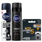 NIVEA MEN Erkek Sprey Deodorant Black&White Invisible Original 150ml + Tıraş Jeli Deep Dimension 200ml + BIC Hybrid 5 Flex 4'lü Yedek Tıraş Bıçağı Kartuşu (5 Bıçak)