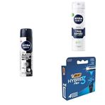 NIVEA MEN Erkek Sprey Deodorant Black&White Invisible Original 150ml + Tıraş Köpüğü 200 ml + BIC Hybrid 3 Flex Erkek Tıraş Bıçağı 1 Sap ve 4 Yedek Başlık (3 Bıçak)
