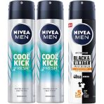 NIVEA Men Erkek Sprey Deodorant Cool Kick Fresh, 150 ml, Ter ve Ter Kokusuna Karşı 48 Saat KorumaX2 + NIVEA Men Erkek Sprey Deodorant Black&White Invisible Güçlü Etki 48 Saat Koruma (150ml)