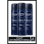 NIVEA MEN Erkek Sprey Deodorant Deep Darkwood 150ml, 72 Saat Anti Perspirant Koruma, X3 Adet