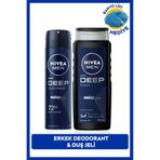 NIVEA MEN Erkek Sprey Deodorant Deep Dimension 150ml ve Deep Dimension Duş Jeli 500ml, Banyo Lifi Hediyeli