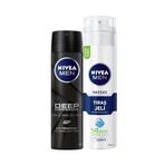 NIVEA Men Erkek Sprey Deodorant Deep Dimension 48 Saat Anti-perspirant Koruma 150ml ve NIVEA Men Hassas Tıraş Jeli 200ml, Hassas Ciltlere Özel Hızlı Koruma, Yanma Karşıtı, Alkolsüz Formül