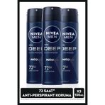 NIVEA MEN Erkek Sprey Deodorant Deep Dimension Aktif Karbon 150ml, 72 Saat Anti-perspirant Koruma, X3 Adet P05170