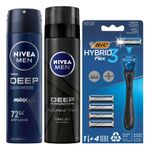 NIVEA MEN Erkek Sprey Deodorant Deep Dimension Darkwood 150ml + Tıraş Jeli Deep Dimension 200ml + BIC Hybrid 3 Flex Erkek Tıraş Bıçağı 1 Sap ve 4 Yedek Başlık (3 Bıçak)