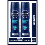 NIVEA MEN Erkek Sprey Deodorant Dry Fresh 150ml, Alkolsüz, 72 Saat Ter Koruması, X2 Adet
