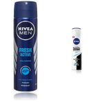 NIVEA Men Erkek Sprey Deodorant Fresh Active 150ml, Ter ve Ter Kokusuna Karşı 48 Saat Deodorant Koruması + NIVEA Kadın Sprey Deodorant Black&White Invisible Pure 48 Saat, 150 ml X2