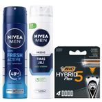 NIVEA MEN Erkek Sprey Deodorant Fresh Active 150ml + Tıraş Jeli 200 ml + BIC Hybrid 5 Flex 4'lü Yedek Tıraş Bıçağı Kartuşu (5 Bıçak)