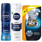 NIVEA MEN Erkek Sprey Deodorant Fresh Active 150ml + Tıraş Köpüğü 200 ml + BIC Flex 3 Erkek Tıraş Bıçağı 6'lı Blister (3 Bıçak)