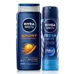 NIVEA Men Erkek Sprey Deodorant Fresh Active 48 Saat Deodorant Koruması 150ml ve NIVEA Men Sports Duş Jeli 3ü 1 Arada Kullanım,Vücut, Yüz ve Saç, 24 Saat Ferahlık 500 ml