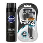 NIVEA MEN Erkek Tıraş Jeli Deep Dimension 200ml + BIC Flex 4 Erkek Tıraş Bıçağı 3'lü Blister (4 Bıçak)