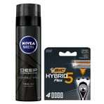 NIVEA MEN Erkek Tıraş Jeli Deep Dimension 200ml ve BIC Hybrid 5 Flex 4'lü Yedek Tıraş Bıçağı Kartuşu 5 Bıçak, Tıraş Bakım Seti