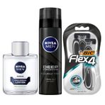NIVEA Men Hassas Tıraş Sonrası Losyon 100 ml, Hassas Ciltler, Alkolsüz Formül, Hızlı Emilir + Tıraş Jeli Deep Dimension 200ml + BIC Flex 4 Erkek Tıraş Bıçağı 3'lü Blister (4 Bıçak)
