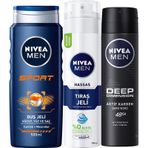 Nivea Men Sport Erkekler İçin Saç Ve Vücut Şampuanı 500 ML + Hassas Tıraş Jeli 200 ML + Deep Dimension Deodorant 150 ML