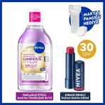 NIVEA Skin Glow Parlaklık Etki Micellar Makyaj Temizleme Suyu ve Kırmızı Renkli Dudak Bakım Kremi, Pamuk