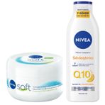 NIVEA Soft Nemlendirici Bakım Kremi 300 ml, 48 Saat Nemlendirme, Jojba Yağı,E Vitamini, Yüz,El,Vücut İçin,Paraben İçermez + NIVEA Q10 Sıkılaştırıcı Vücut Losyonu 250 ml