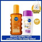 Nivea SPF50+ LUMINOUS630 Skin Glow Güneş Koruyucu Yüz Kremi ve Bronzlaştırıcı Güneş Yağı, Çanta Hediyeli
